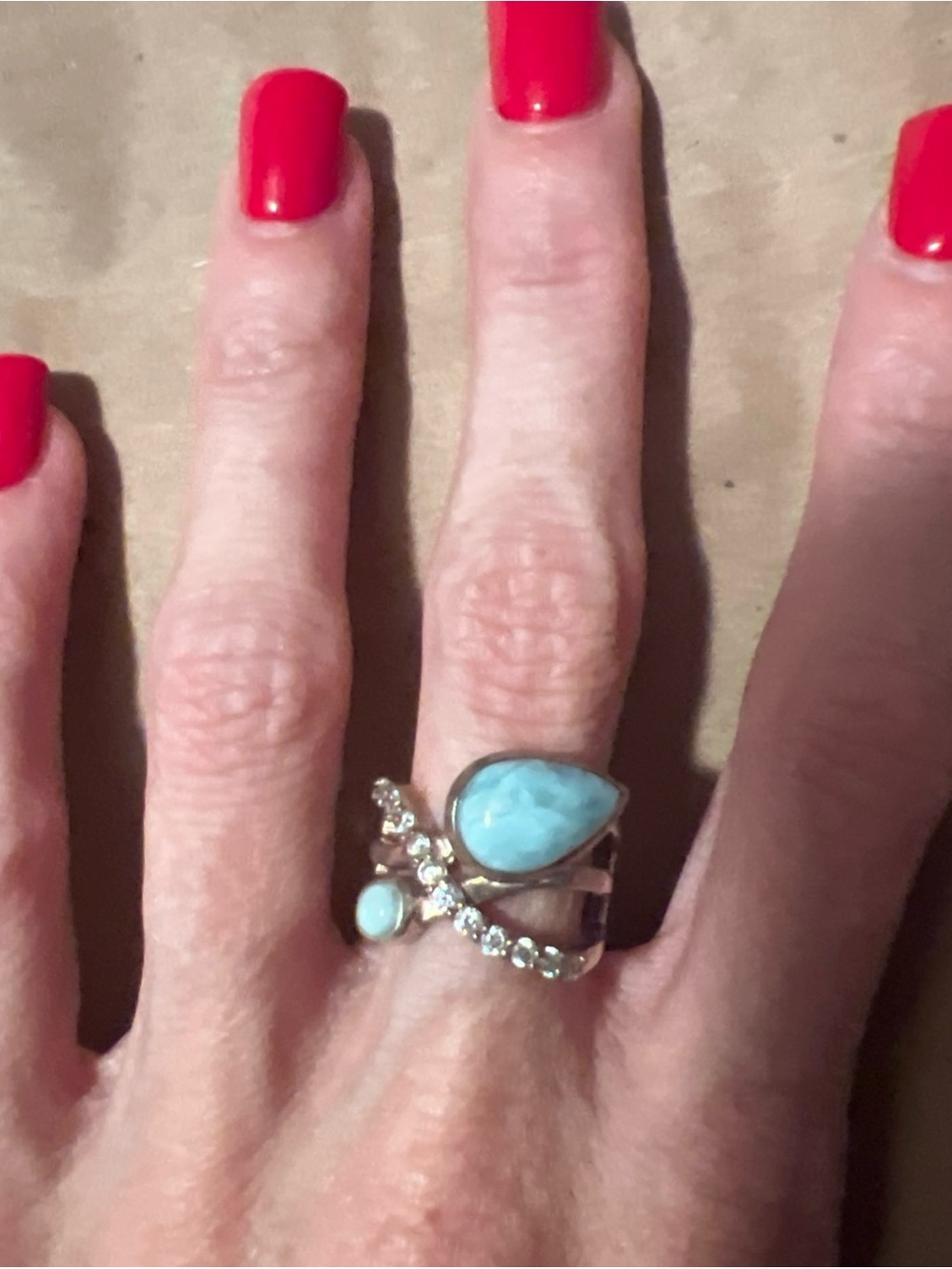 Blue Teardrop Larimar Cocktail Ring with CZ highlights .925 Silver Size 6